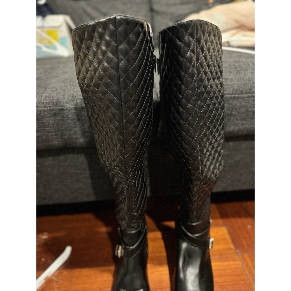 Annabeth by JUSTFAB (SHOEDAZZLE) Black quilted faux leather riding boots, SZ 7 - Picture 11 of 16